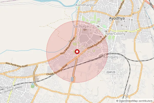 Map showing approximate area covered by Pincode 224123 — Gurukul Bo, Ayodhya