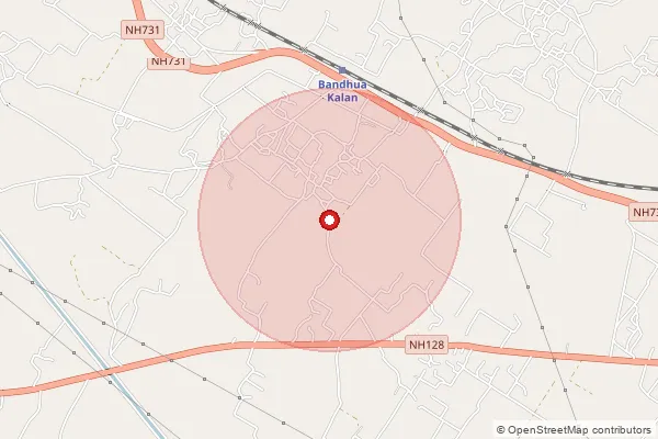Map showing approximate area covered by Pincode 227808 — Bandhua Kalan Bo, Sultanpur