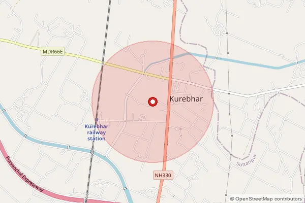 Map showing approximate area covered by Pincode 228151 — Bariauna Bo, Sultanpur