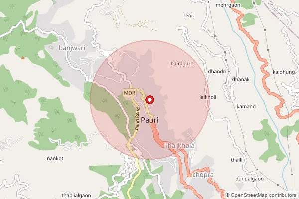 Map showing approximate area covered by Pincode 246001 — Pauri Ho, Pauri Garhwal