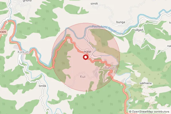 Map showing approximate area covered by Pincode 246123 — Buransi Bo, Pauri Garhwal