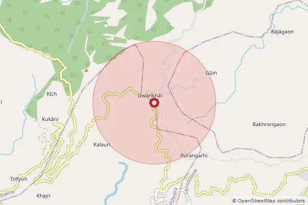 Map showing approximate area covered by Pincode 246128 — Pulyasu Bo, Pauri Garhwal