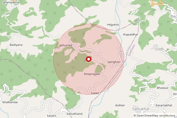 Map showing approximate area covered by Pincode 246129 — Kandai Bo, Pauri Garhwal