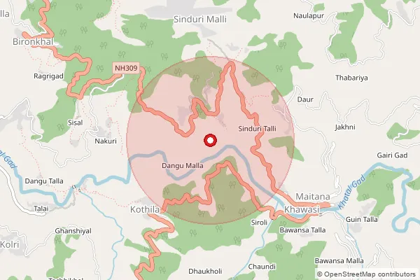 Map showing approximate area covered by Pincode 246150 — Padampur Sukhro, Pauri Garhwal