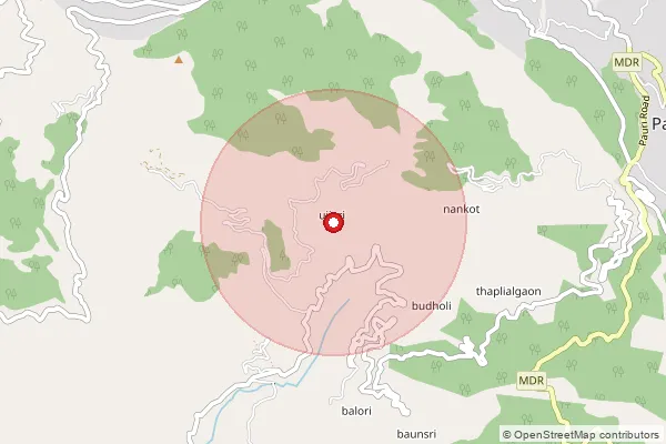 Map showing approximate area covered by Pincode 246159 — Gaind Bo, Pauri Garhwal