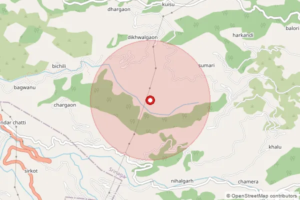 Map showing approximate area covered by Pincode 246174 — Kaliyasaur Bo, Pauri Garhwal
