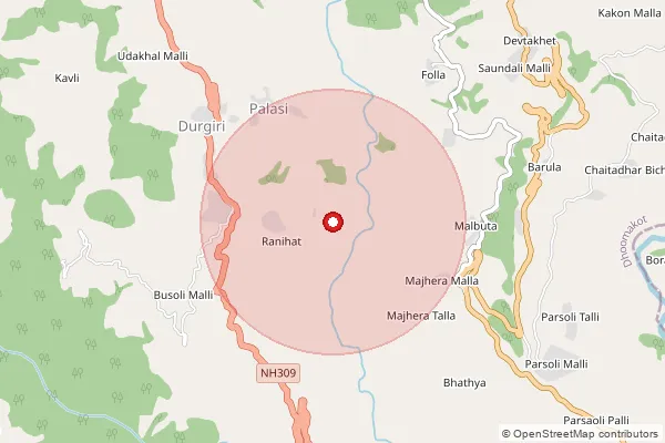 Map showing approximate area covered by Pincode 246279 — Khirarikhal Bo, Pauri Garhwal