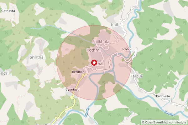 Map showing approximate area covered by Pincode 246427 — Beradhar Bo, Chamoli