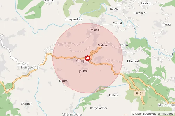 Map showing approximate area covered by Pincode 246442 — Durgadhar Bo, Rudra Prayag