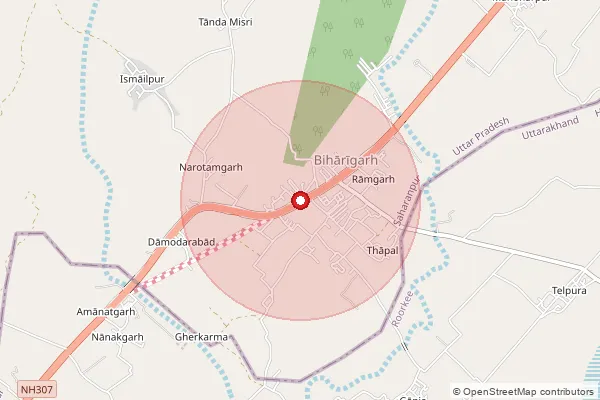 Map showing approximate area covered by Pincode 247552 — Biharigarh S.O, Saharanpur