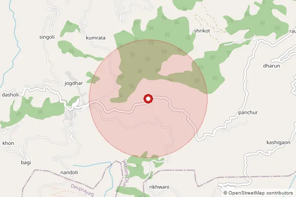 Map showing approximate area covered by Pincode 249121 — Gomukh Bo, Tehri Garhwal