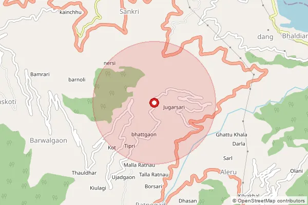 Map showing approximate area covered by Pincode 249131 — Kandikhal Bo, Tehri Garhwal