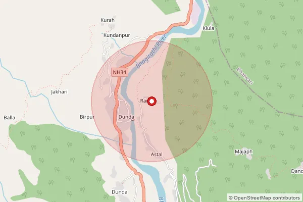 Map showing approximate area covered by Pincode 249151 — Bhatwaridhanari Bo, Uttar Kashi
