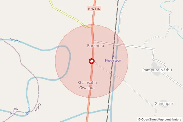 Map showing approximate area covered by Pincode 262203 — Khajuria Pachpera Bo, Pilibhit