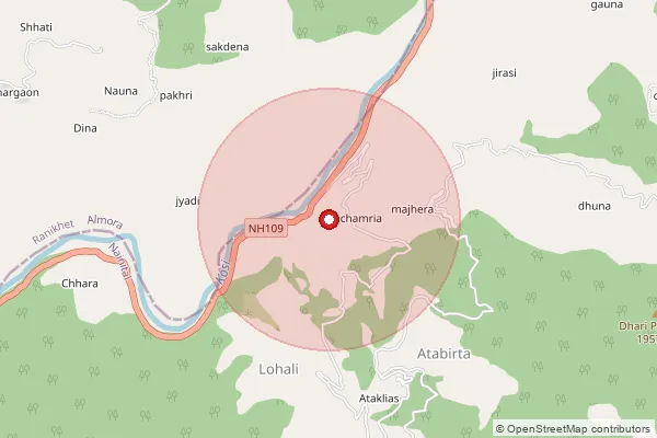 Map showing approximate area covered by Pincode 263135 — Dhaniakote Bo, Nainital