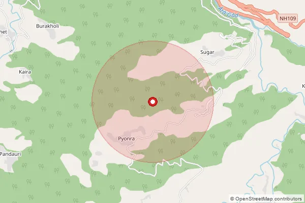 Map showing approximate area covered by Pincode 263138 — Dhyari Bo, Nainital