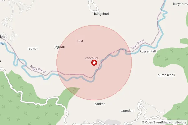 Map showing approximate area covered by Pincode 263631 — Kapoori Bo, Bageshwar