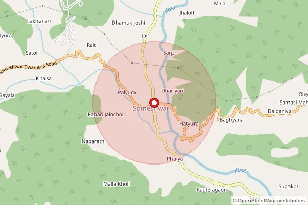 Map showing approximate area covered by Pincode 263636 — Bhagtola Ed Bo, Almora