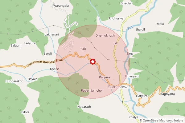Map showing approximate area covered by Pincode 263655 — Rikhe Bo, Almora