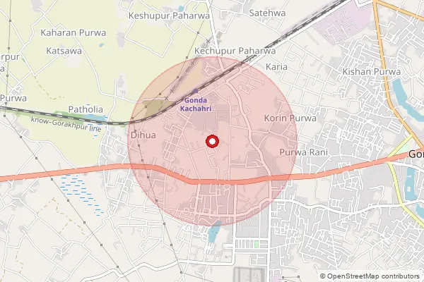 Map showing approximate area covered by Pincode 271001 — Gonda Ho, Gonda