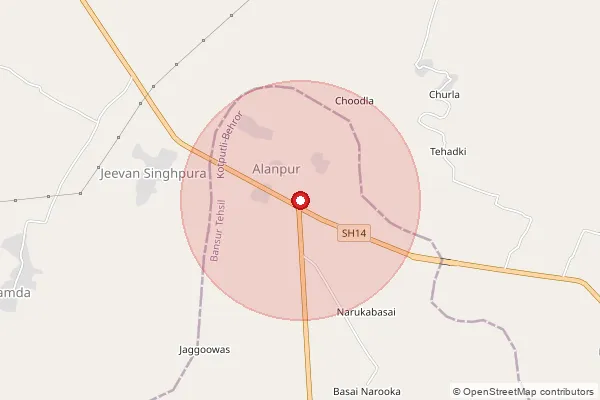 Map showing approximate area covered by Pincode 301412 — Alanpur B.O, Alwar