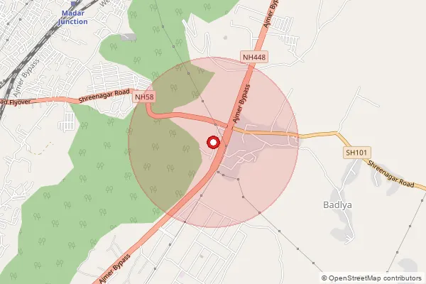 Map showing approximate area covered by Pincode 305025 — Kana Kheri B.O, Ajmer