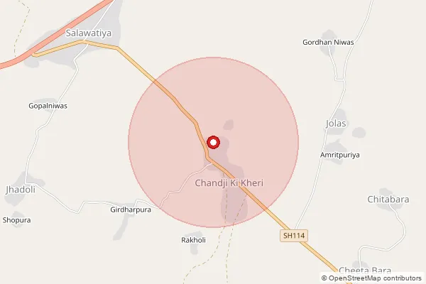 Map showing approximate area covered by Pincode 311602 — Chand Ji Ki Kheri B.O, Bhilwara