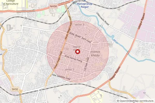 Map showing approximate area covered by Pincode 313002 — Udaipur H Magri S.O, Udaipur