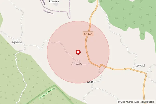 Map showing approximate area covered by Pincode 313703 — Bemla B.O, Udaipur