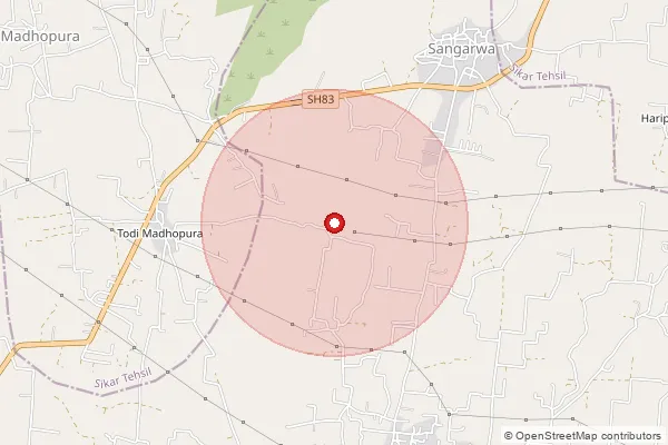Map showing approximate area covered by Pincode 332405 — Sangarwa Bo, Sikar