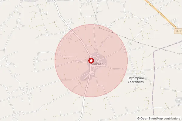 Map showing approximate area covered by Pincode 333021 — Bajawa B.O, Jhunjhunu