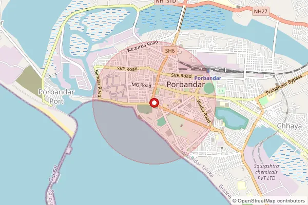 Map showing approximate area covered by Pincode 360575 — Porbandar Ho, Porbandar
