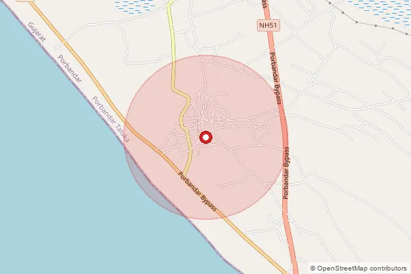 Map showing approximate area covered by Pincode 360576 — Garej Bo, Porbandar