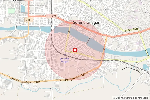 Map showing approximate area covered by Pincode 363020 — Joravarnagar So, Surendranagar