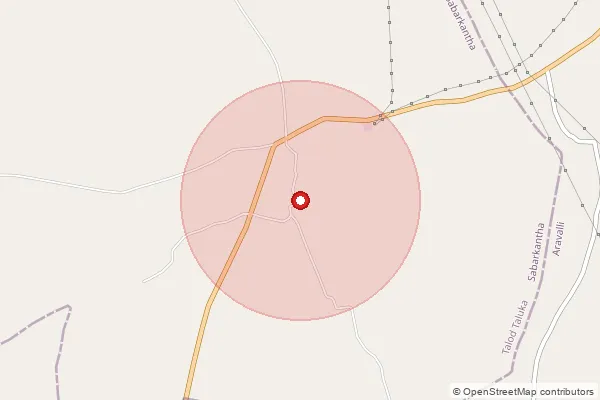 Map showing approximate area covered by Pincode 383307 — Khilodia Bo, Arvalli