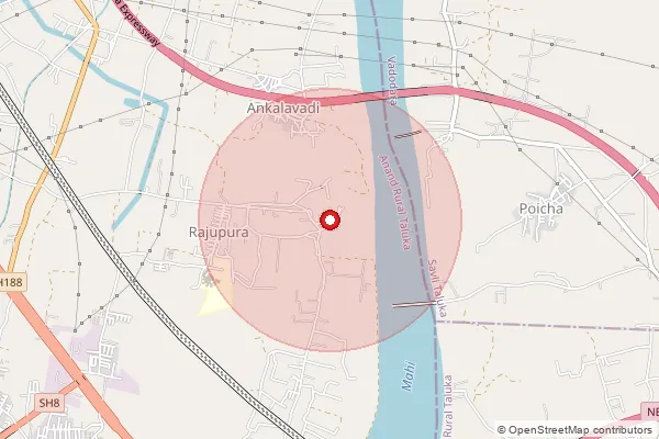 Map showing approximate area covered by Pincode 388306 — Rajupura Bo, Anand