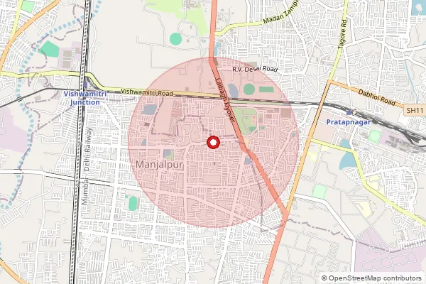 Map showing approximate area covered by Pincode 390011 — Manjalpur So, Vadodara