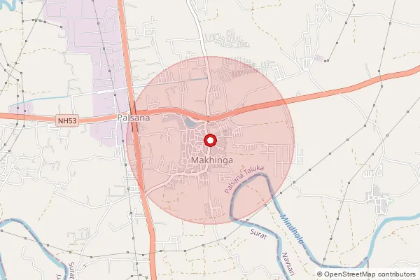 Map showing approximate area covered by Pincode 394305 — Bagumara Bo, Surat