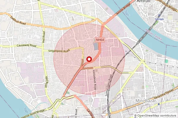 Map showing approximate area covered by Pincode 395004 — Dabholi Bo, Surat