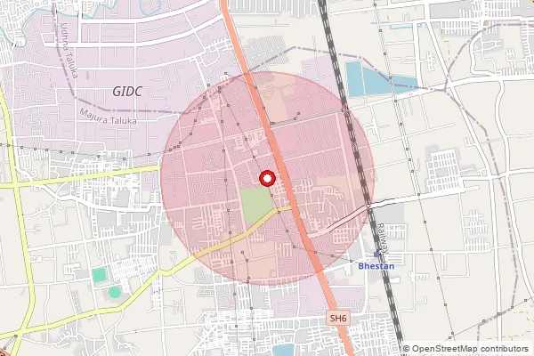 Map showing approximate area covered by Pincode 395023 — Bhestan So, Surat