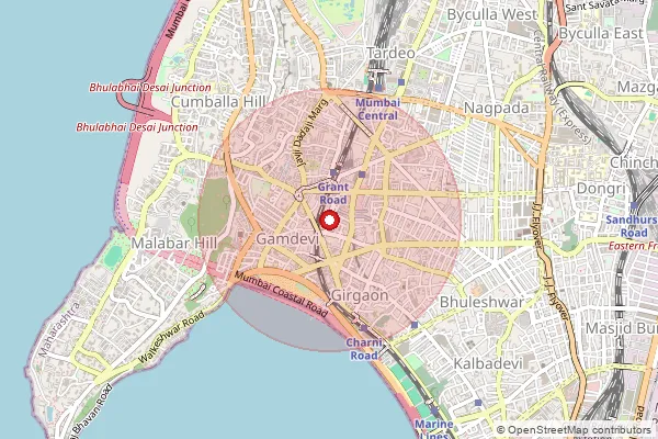 Map showing approximate area covered by Pincode 400007 — S V Marg S.O, Mumbai