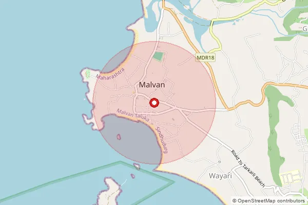Map showing approximate area covered by Pincode 416606 — Malvan H.O, Sindhudurg