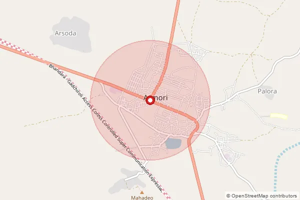 Map showing approximate area covered by Pincode 441208 — Shioni Bk B.O, Gadchiroli