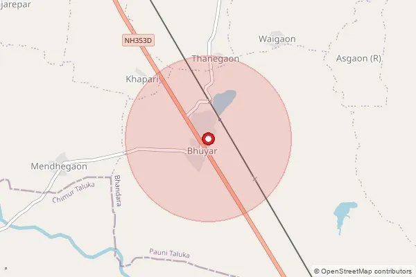 Map showing approximate area covered by Pincode 441910 — Bhendala B.O, Bhandara