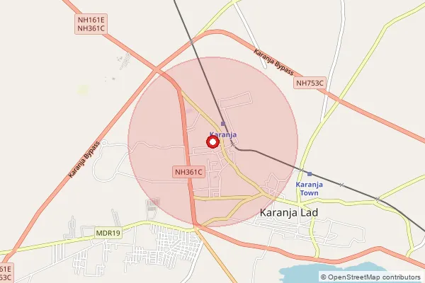 Map showing approximate area covered by Pincode 444105 — Shaha B.O, Washim