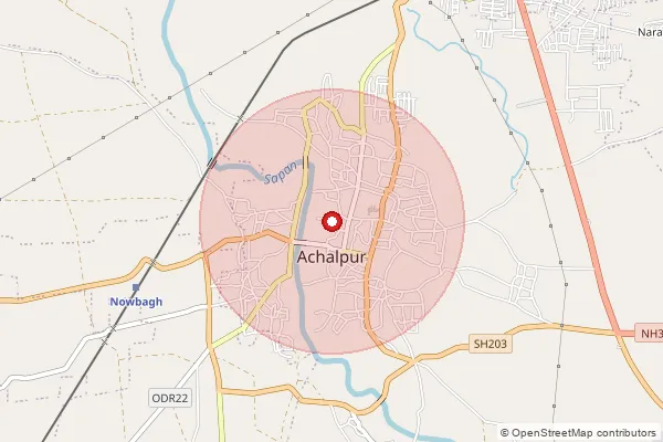 Map showing approximate area covered by Pincode 444720 — Wani B.O, Amravati