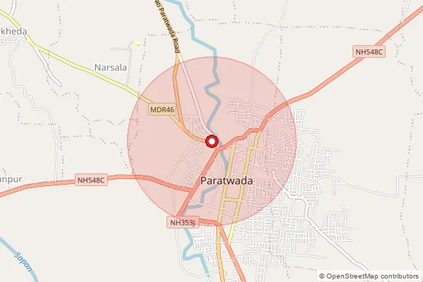 Map showing approximate area covered by Pincode 444805 — Paratwada H.O, Amravati