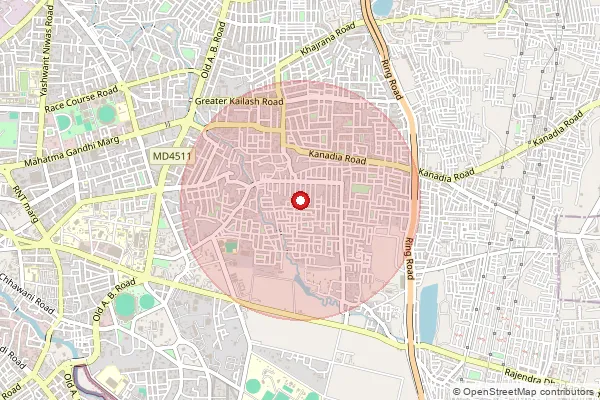 Map showing approximate area covered by Pincode 452018 — Indore Tillaknagar S.O, Indore