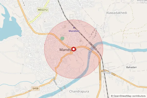 Map showing approximate area covered by Pincode 458002 — Amlawad B.O, Mandsaur