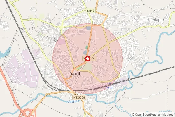 Map showing approximate area covered by Pincode 460557 — Goula B.O, Betul